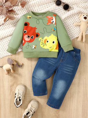 Children's Cartoon Animal Print Sweatshirt & Jeans Set - Farnelli