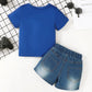 Children's Letter Round Neck Top and Denim Shorts Set - Farnelli