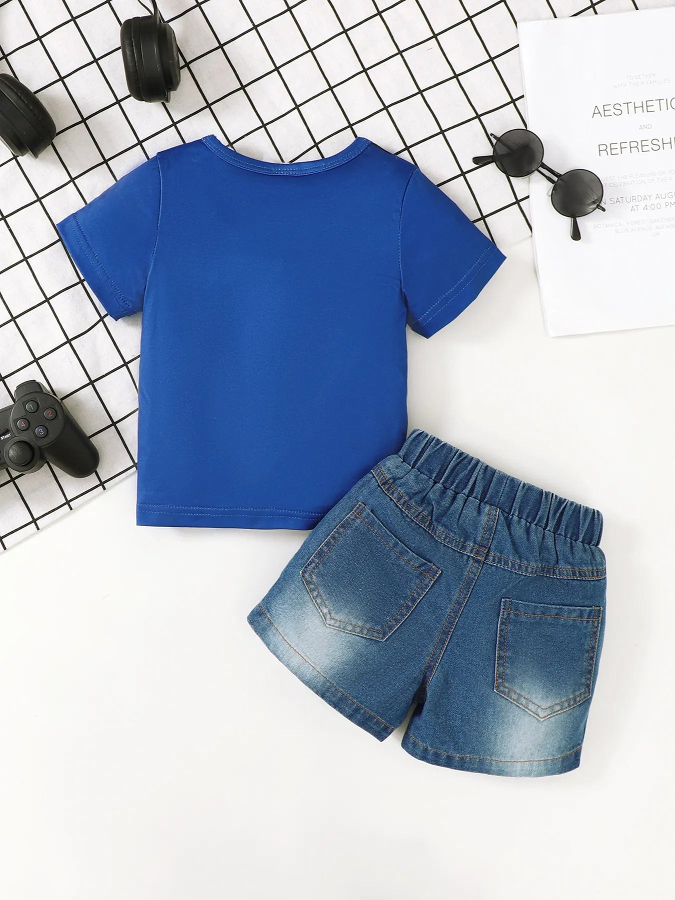 Children's Letter Round Neck Top and Denim Shorts Set - Farnelli