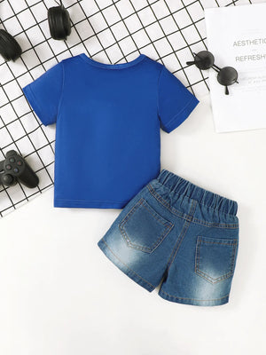 Children's Letter Round Neck Top and Denim Shorts Set - Farnelli