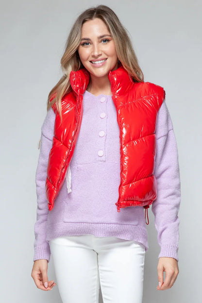 Snobbish Zip Up Turtleneck Shiny Quilted Vest - Farnelli