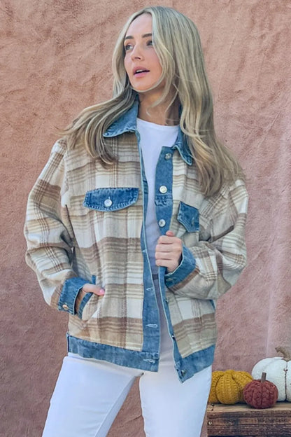 And The Why Full Size Washed Denim Detail Brushed Plaid Jacket - Farnelli