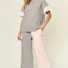 Double Take Full Size Texture Contrast T-Shirt and Wide Leg Pants Set - Light Gray