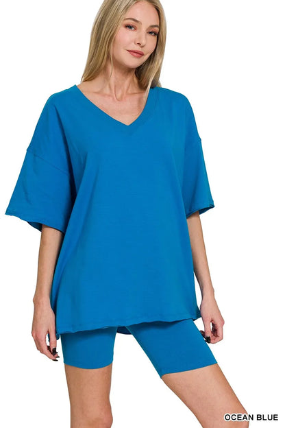 Zenana Cotton V-neck Top & Biker Shorts Set - Farnelli