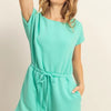 HYFVE Round Neck Short Sleeve Drawstring Waist Romper - Turquoise