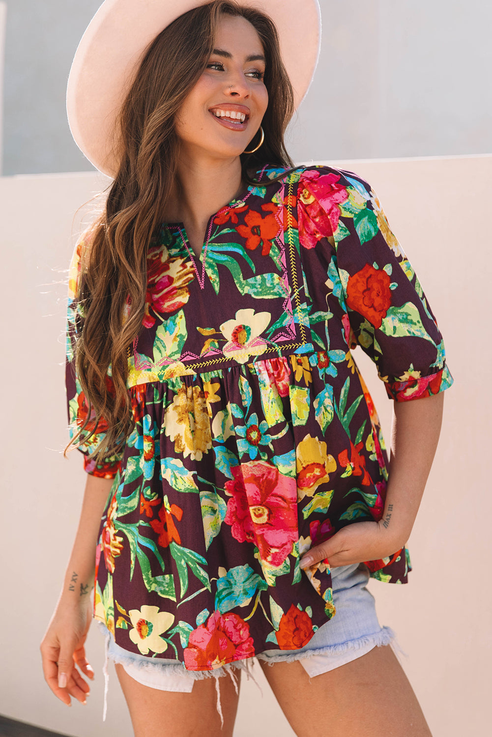 Adhara Flower Embroidered Trim Half Sleeve Blouse - Farnelli