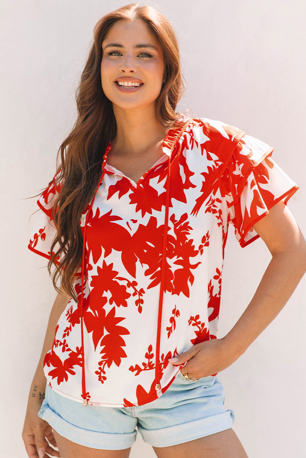 Zoya Tiered Ruffled Sleeve V Neck Blouse - Farnelli