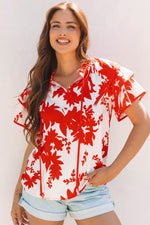 Zoya Tiered Ruffled Sleeve V Neck Blouse - Farnelli