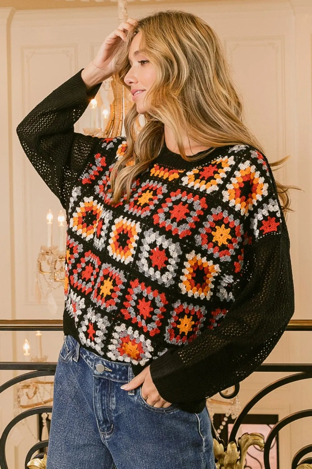 BiBi Granny Square Front Long Sleeve Top - Farnelli