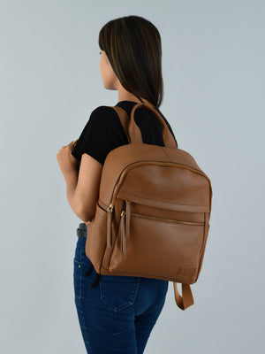 Mini Journey leather backpack from Classy Leather Bags with adjustable straps and front zipper pocket, in a sleek compact design.