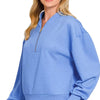 Zenana Scuba Half Zip Drop Shoulder Sweatshirt - CORNFLOWER BLUE