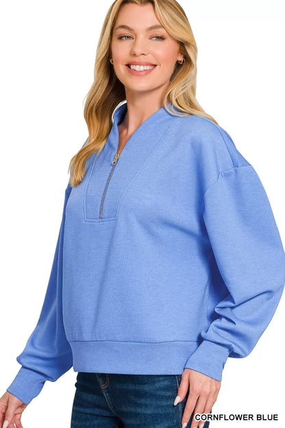 Zenana Scuba Half Zip Drop Shoulder Sweatshirt - Farnelli