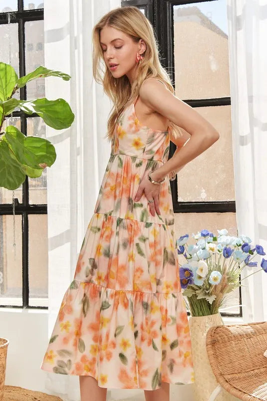 ADORA Smocked Back Floral Adjustable Strap Midi Dress - Farnelli
