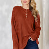 Basic Bae Full Size Ribbed Half Button Long Sleeve High-Low T-Shirt - Rust