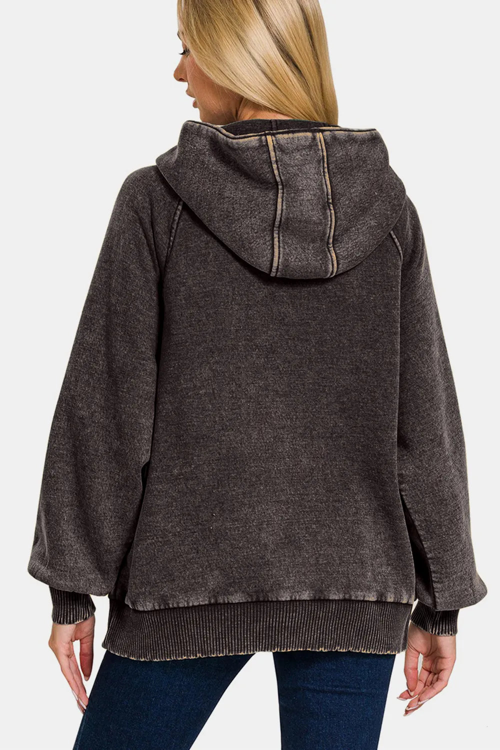 Zenana Acid Wash Fleece Kangaroo Hoodie - Farnelli