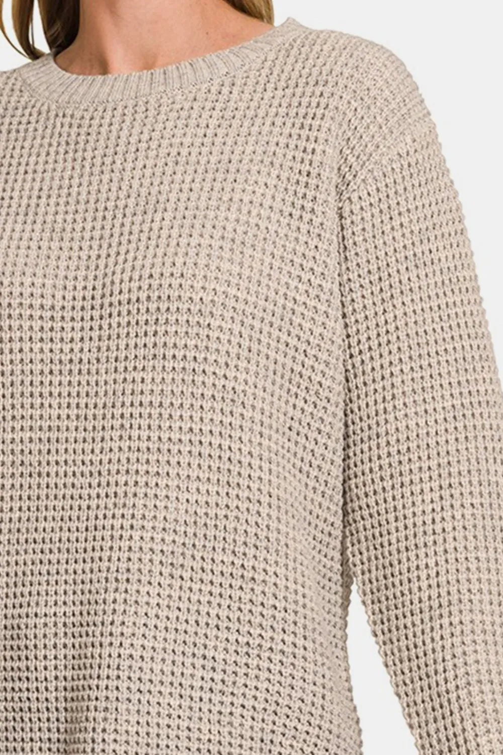 Zenana High Low Long Sleeve Waffle Sweater - Farnelli