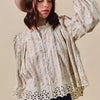 SO ME Floral Print Lace Button Down Shirt - BLUE