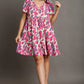 Umgee Full Size Abstract Print Pleat Detail Short Sleeve V-Neck Tiered Dress Plus Size - Farnelli