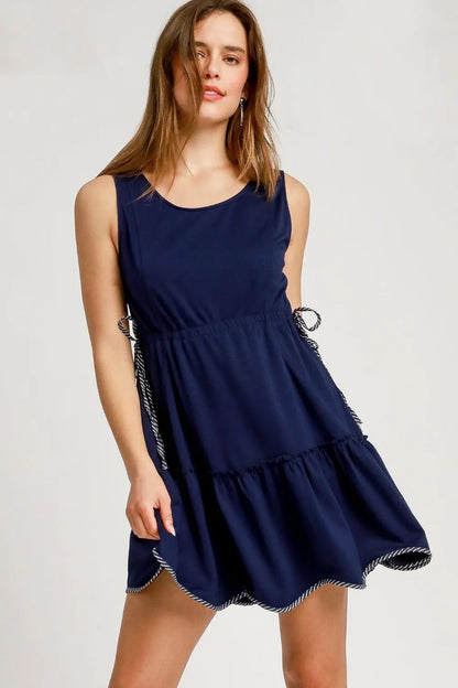 Umgee Frill Drawstring Waist Round Neck Mini Tank Dress - Farnelli