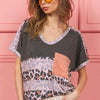 BiBi Leopard Stripe with Slub Terry Color Block T-Shirt - CHARCOAL