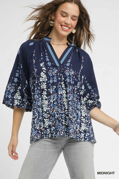 Umgee Full Size Floral Vine Print Blouse with Balloon Sleeves Plus Size - Farnelli