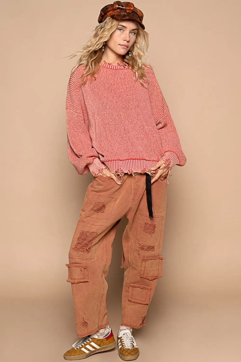 POL Distressed Washed Drop Shoulder Sweater - Farnelli