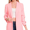 Zenana Woven 3/4 Ruched Sleeve Open Front Classic Blazer - DK PINK