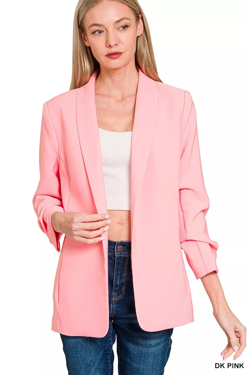 Zenana Woven 3/4 Ruched Sleeve Open Front Classic Blazer - Farnelli
