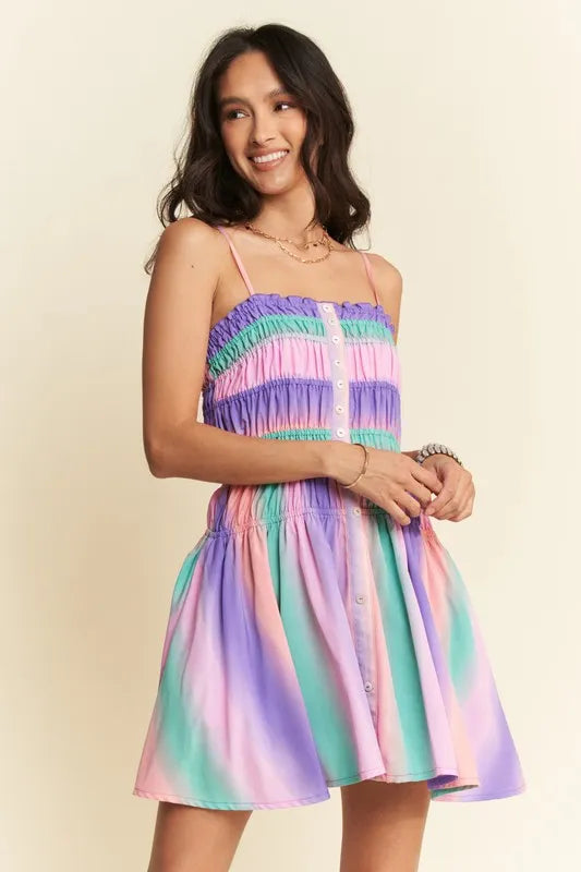 Davi & Dani Multi Color Ombre Printed Bodice Button Up Dress - Farnelli