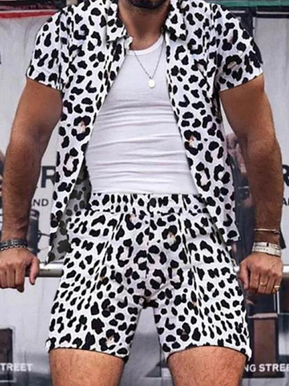 Men's Full Size Leopard Button Up Shirt and Shorts Set Plus Size - Farnelli
