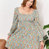 Honey Floral Smocked Flounce Sleeve Square Neck Dress - Floral