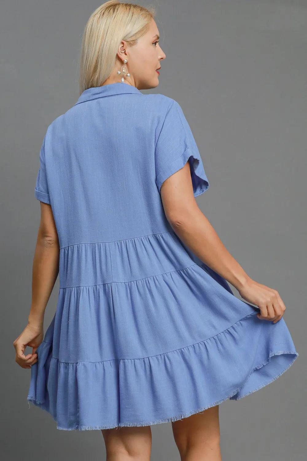 Umgee Full Size Raw Hem Folded Sleeve Tiered Dress Plus Size - Farnelli