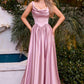 Ladivine 7446 A-Line Fitted Bodice Cowl Neckline Satin Dress