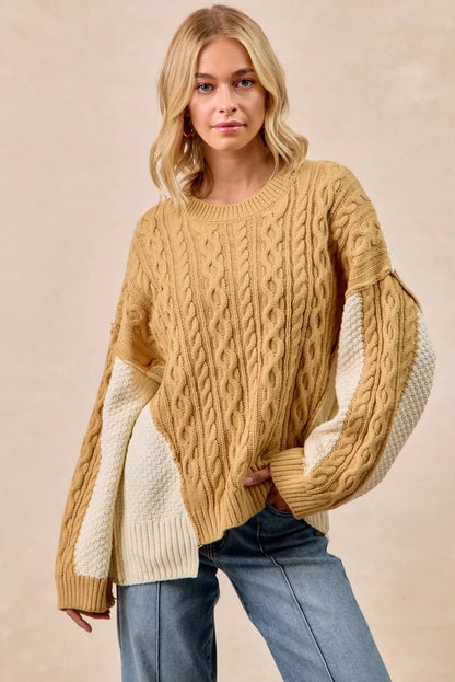 BiBi Cable Knit With Hacci Combo Sweater With Uneven Hem Detail - Farnelli
