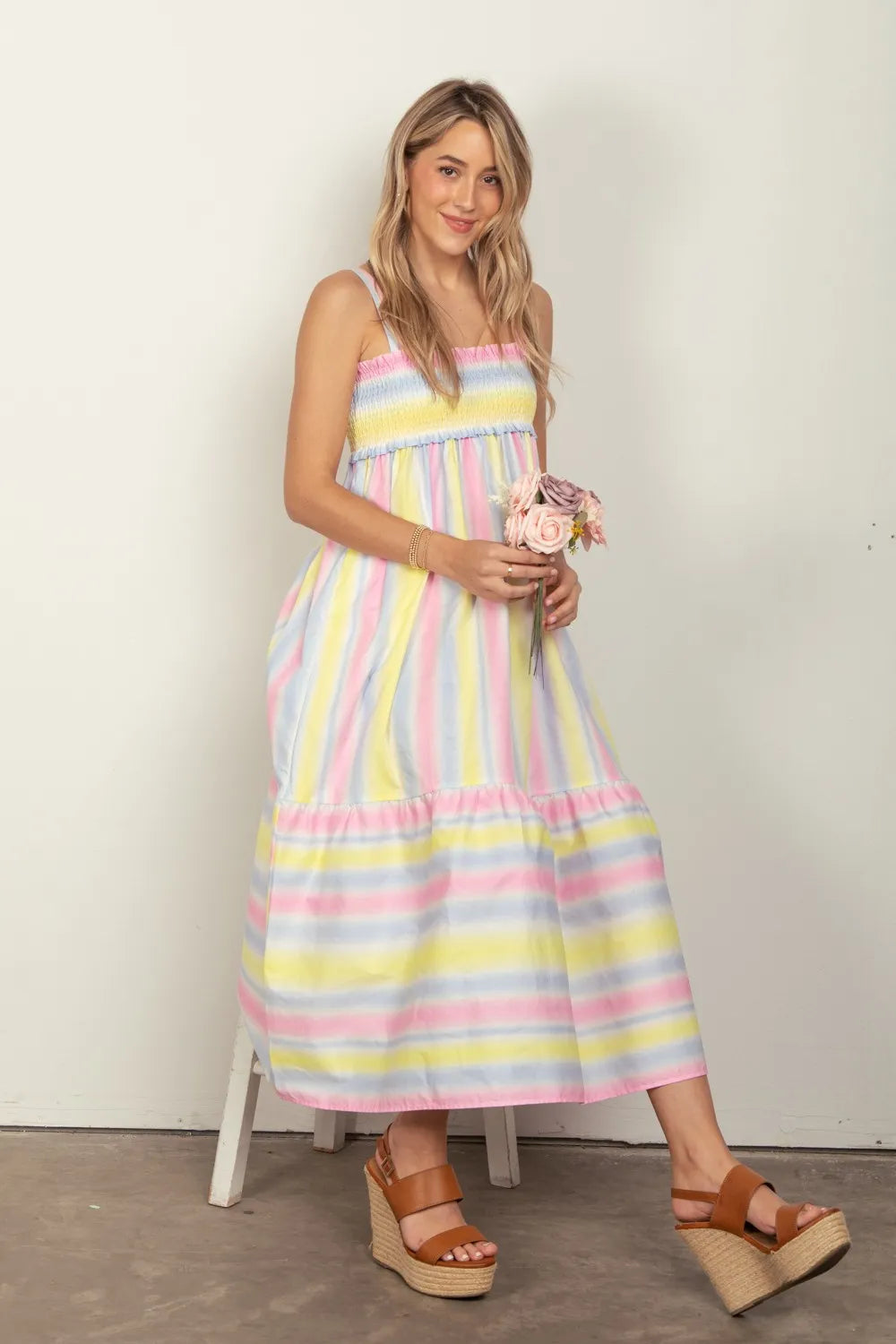 VERY J Striped Woven Smocked Midi Cami Dress - Farnelli