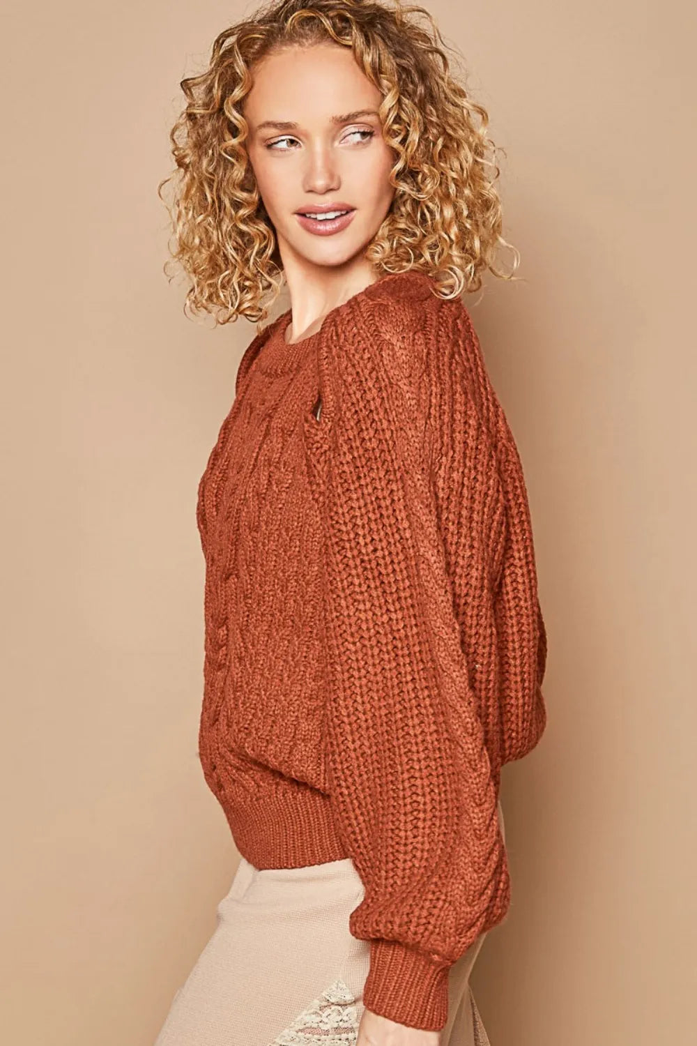 POL Cable Knit Cutout Long Sleeve Sweater - Farnelli