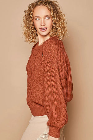 POL Cable Knit Cutout Long Sleeve Sweater - Farnelli