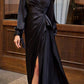 Cinderella Divine 7478 Long Blouson Sleeve Satin Fluid Drape Dress Front Slit