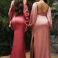 Cinderella Divine 7482 Long Sleeve Off the Shoulder Soft Satin Fitted Dress