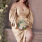 Cinderella Divine 7482 Long Sleeve Off the Shoulder Soft Satin Fitted Dress