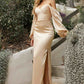Cinderella Divine 7482C Long Sleeve Off the Shoulder Soft Satin Fitted Dress