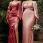 Cinderella Divine 7482 Long Sleeve Off the Shoulder Soft Satin Fitted Dress