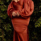 Cinderella Divine 7482 Long Sleeve Off the Shoulder Soft Satin Fitted Dress