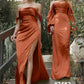 Cinderella Divine 7482C Long Sleeve Off the Shoulder Soft Satin Fitted Dress