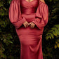 Cinderella Divine 7482C Long Sleeve Off the Shoulder Soft Satin Fitted Dress