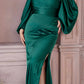 Cinderella Divine 7482C Long Sleeve Off the Shoulder Soft Satin Fitted Dress