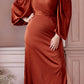 Cinderella Divine 7482 Long Sleeve Off the Shoulder Soft Satin Fitted Dress