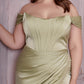 Cinderella Divine 7484 Long Off the Shoulder Corset Satin Formal Gown