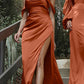 Cinderella Divine 7488 Long Column Satin Formal Dress Gathered