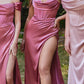 Cinderella Divine 7492C Satin Off the Shoulder Corset Satin Gown
